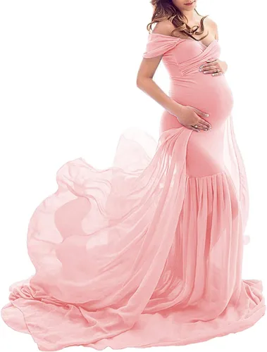 ZIUMUDY - Vestido largo de maternidad de corte sirena con los hombros descubiertos para sesiones de fotos y fiestas de baby shower