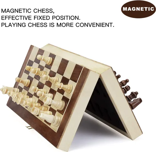 Miniatura 5 de AMEROUS Juego de ajedrez magnético de madera de 12 x 12 pulgadas para niños y 6 años en adelante, 2 reinas adicionales, tablero plegable con ranuras