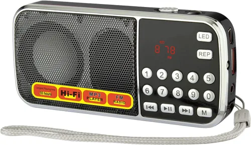 LETING Radio portátil FM con linterna, búsqueda de una sola tecla y memoria de la estación, compatible con USB, AUX, tarjeta TF, batería recargable