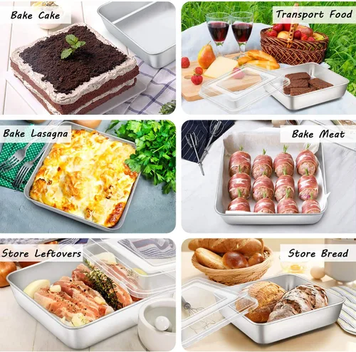 Miniatura 5 de P&P CHEF Molde cuadrado para hornear pasteles con tapa, bandeja de brownie de lasaña de acero inoxidable y cubierta de plástico para picnic, boda