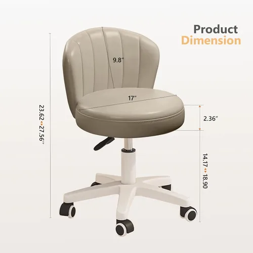 Miniatura 2 de Silla de escritorio pequeña festoneada con respaldo, bonita silla de tocador enrollable sin brazos con piel sintética, cómodas sillas de oficina Gris