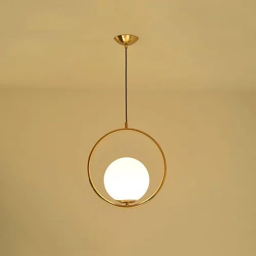 Lámpara Colgante Moderna Minimalista Anillo Dorado y Globo de Cristal Blanco, Lámpara Colgante Ajustable E26/E27 para Dormitorio Cabecera Comedor
