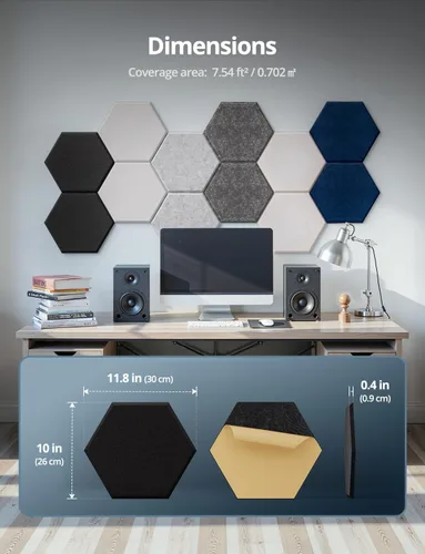 Miniatura 9 de Paneles Acústicos Hexagonales Autoadhesivos para Pared, Paquete de 12 Baldosas Absorbentes de Sonido para Paredes y Puertas, Panel Interior Negro
