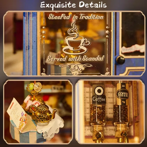Miniatura 3 de Kit de rincón de libros, casa de té británica en miniatura, rompecabezas de madera 3D con luces LED, soporte para libros pequeño y decoración