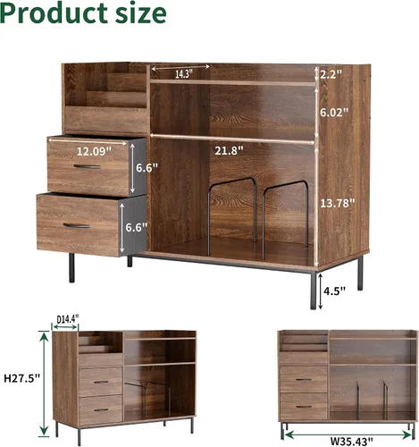 Miniatura 2 de Soporte para tocadiscos con almacenamiento para más de 500 álbumes, estante y cajones modernos de mediados de siglo, consola de audio de madera