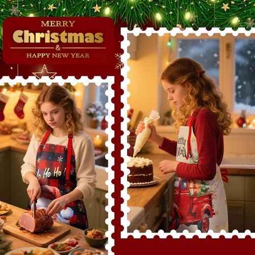 Miniatura 7 de 12 piezas de delantales de Navidad a granel, divertidos delantales ajustables con bolsillos, vintage, delantales de cocina de Navidad para hornear
