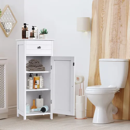 Miniatura 4 de GOFLAME Armario de almacenamiento de baño, armario de almacenamiento de madera independiente con cajón grande, 2 estantes flotantes con 7 Blanco
