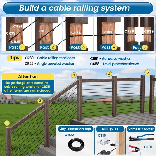 Miniatura 67 de Muzata Paquete de 10 accesorios de barandilla de cable negro de 1/8 pulgadas, tensor roscado a mano para poste de metal de 2 x 2 pulgadas, sistema