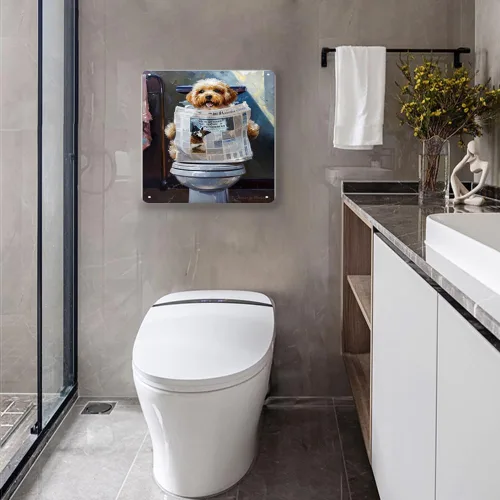 Miniatura 4 de Zomyto Placa divertida de pared con diseño de perro leyendo el periódico en el inodoro, decoración de pared para baño, decoración de pared de baño