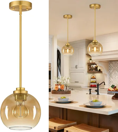 Miniatura 10 de Paquete de 2 luces colgantes de vidrio ajustable de 22 a 50 pulgadas de altura para isla de cocina, luces colgantes de globo dorado cepillado