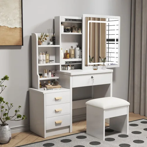 Miniatura 9 de Runboll - Tocador con espejo LED y luces, mesa de maquillaje con taburete acolchado, juego de tocador con 4 cajones, 3 estantes para dormitorio