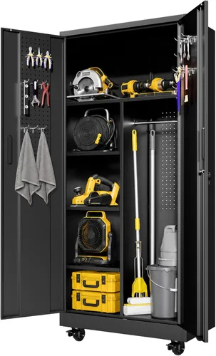 Miniatura 11 de Armario de almacenamiento de metal para garaje con ruedas, gabinete rodante con cerradura para herramientas con cajón y estantes, gabinete móvil
