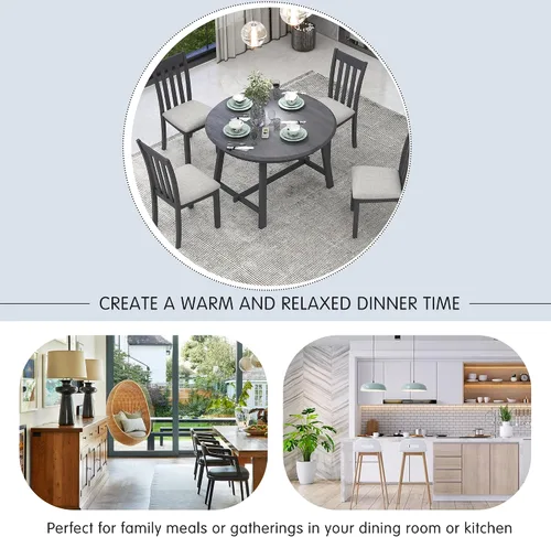 Miniatura 5 de Harper & Bright Designs Juego de mesa de comedor de madera de 5 piezas, mesa de comedor redonda extensible con 4 sillas de comedor, juego de cocina