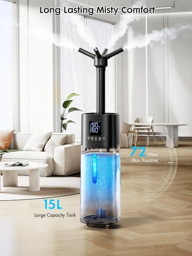 Miniatura 3 de Humidificador Nexva de 15L/4Gal para Habitación Grande, Neblina de 600mL/h, Cobertura de 1200 pies², Control Automático de Humedad, Tiempo de Negro