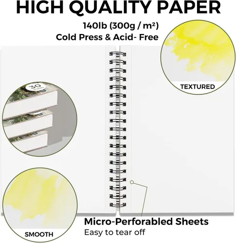Miniatura 3 de Funto - Bloc para acuarela 10x7, paquete de 3, 90 hojas, 140 libras/300 g/m², doble cara, presión en frío, encuadernado en espiral, papel pesado