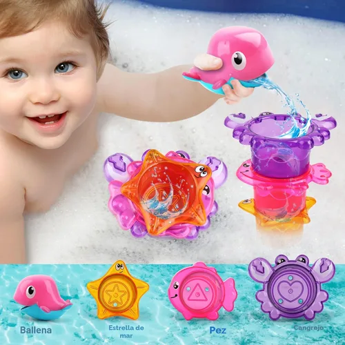 Miniatura 5 de Dwi Dowellin Juguete de baño para niños pequeños, juguete de bañera con juguetes de natación flotantes sin moho y tazas apilables, juego de pesca