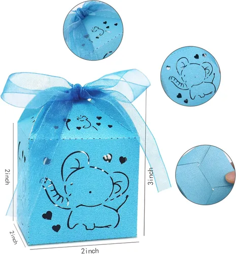 Miniatura 2 de Kslong Cajas azules de recuerdo de baby shower, 50 cajas de recuerdo de elefante para bebé niño, cajas de dulces cortadas con láser con cinta