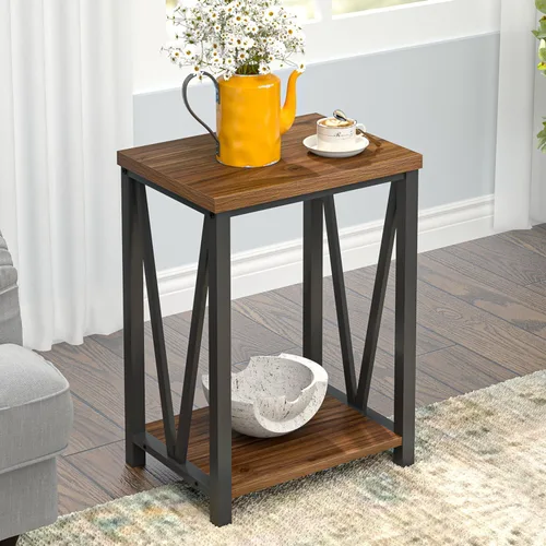 FOLUBAN Mesa auxiliar pequeña, mesa auxiliar de madera rústica y metal con almacenamiento, moderna mesita de noche para sala de estar, dormitorio,