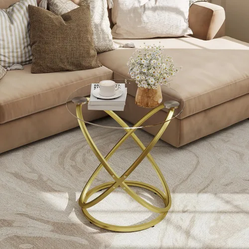 Mesa de centro de cristal, mesa de centro redonda con marco de metal dorado, mesa de centro minimalista moderna para decoración, mesas de centro