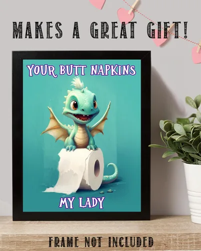 Miniatura 4 de Your Butt Napkins My Lady Adorable Baby Dragon Cartoon Holding a Roll of Toilet Paper - 11x14 Unframed Wall Art Print - Funny and Cute Bathroom