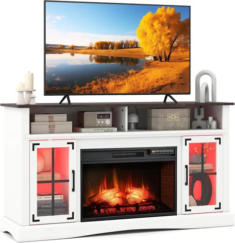 Miniatura 14 de Tangkula - Soporte de TV de esquina con chimenea y luces LED y control inteligente por APP para TV de 50 pulgadas, centro de entretenimiento con Gris
