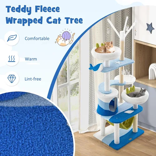 Miniatura 9 de Tangkula Árbol para gatos con temática oceánica, torre para gatos de varios niveles con postes rascadores de sisal, condominio, perca, hamaca