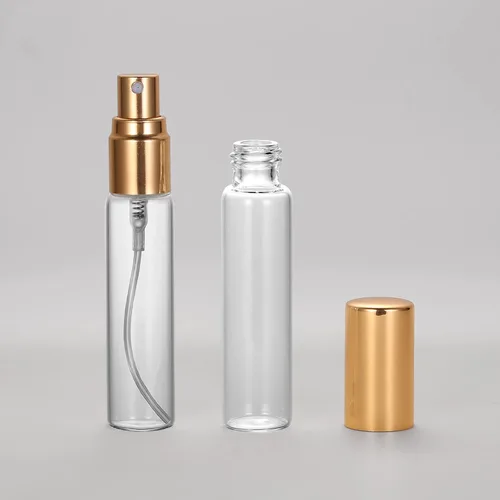 Miniatura 6 de Juego de 20 botellas de perfume de viaje de 10 ml, atomizador recargable, botella vacía hidratante (con tapas doradas)