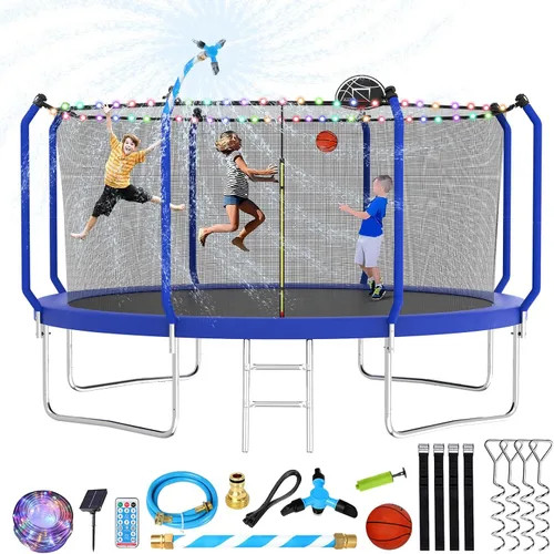 Lyromix Trampolín mejorado de 8 pies/10 pies/12 pies/14 pies con aro de baloncesto, luz, aspersor, estacas – patio trasero al aire libre para 4-6