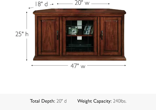 Miniatura 4 de Leick Home 80385 Soporte de TV de esquina de tres puertas de vidrio con plomo con almacenamiento cerrado para televisores de 50 pulgadas, roble