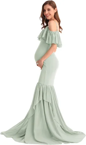 Miniatura 4 de MYRISAM Vestido de maternidad con volantes y hombros descubiertos para mujer, vestido de fiesta de sirena de gasa, vestido ajustado