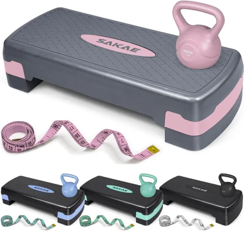 Miniatura 8 de SAKAE Set de Plataforma de Step Aeróbicos con Kettlebell y Cinta Métrica, Steps Aeróbicos para Ejercicio en Casa, Altura Ajustable 2 Niveles de Verde