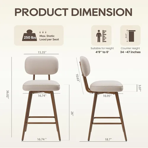 Miniatura 2 de MALOL 26“ PU Leather Swivel Bar Stools Set of 2, Mid Century Counter Height Bar Chairs with Low Back and Metal Legs, Modern Bar Stool Chair for