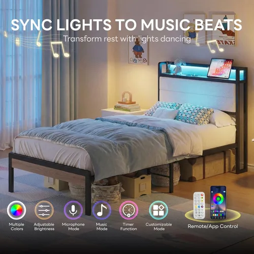 Miniatura 3 de LIKIMIO Base de cama individual con cabecera de almacenamiento y luces LED, plataforma de metal con estación de carga, sin ruido, no necesita