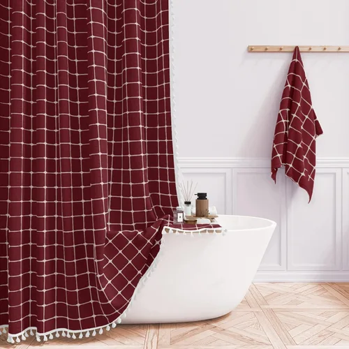 Miniatura 43 de BTTN Juego de cortinas de ducha estilo bohemio de granja con borlas, tela rústica de lino resistente, repelente al agua, cortinas de ducha gruesas A