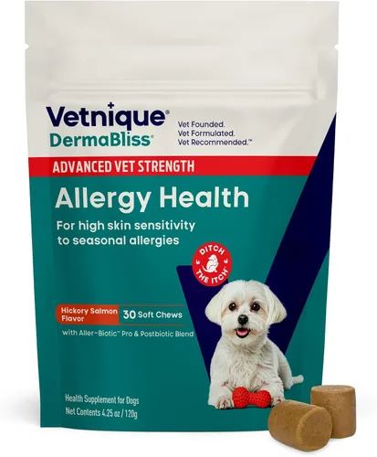 Vetnique Dermabliss - Masticables para alergias para perros con fuerza avanzada para aliviar la picazón y la piel, suplemento antipicazón con