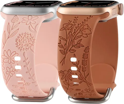Miniatura 9 de Correa de silicona grabada con flores compatible con correas de Apple Watch de 1.496 pulgadas, 1.575 pulgadas, 1.614 pulgadas, bonita correa Negro