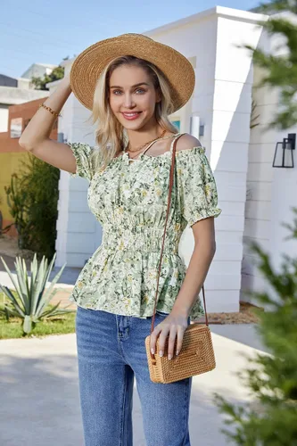 Miniatura 8 de GRACE KARIN Peplum Tops para mujer, blusas de gasa de manga corta abombada, blusas de hombros descubiertos, camisa de verano, babydoll