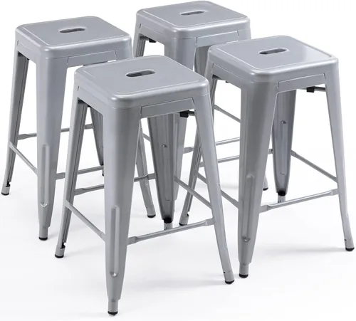 Miniatura 30 de Vogue Furniture Direct 24" Taburetes de bar de metal sin respaldo negros para interiores/exteriores, altura para encimera con asiento cuadrado