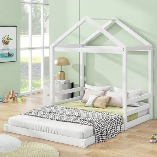 Miniatura 15 de Base de cama de metal de tamaño individual con plataforma en forma de casa de techo, para niños y niñas, soporte de metal resistente, perfecto