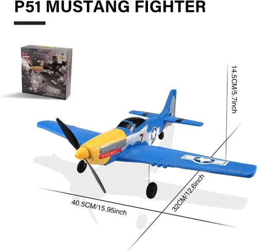 Miniatura 9 de jaming Avión RC P-51D Mustang Fighter de 4 canales para adultos y niños, avión de control remoto de 4 canales RTF con giroscopio de 6 ejes, Azul