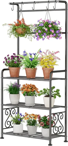 Miniatura 11 de GIOTORENT Soporte para plantas para interiores y exteriores, estantes de metal resistente de 4 niveles, exhibe hasta 17 plantas múltiples, soporte