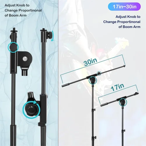 Miniatura 4 de Soporte de micrófono plegable para el suelo, trípode resistente, brazo con 2 tornillos, 2 clips de micrófono, 2 fundas de espuma y bolsa
