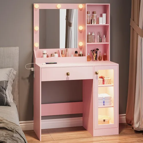 Miniatura 18 de Wodeer Pequeño escritorio de maquillaje con espejo y luces, tocador con armario de cristal, luces LED y toma de corriente, cajón y gabinetes