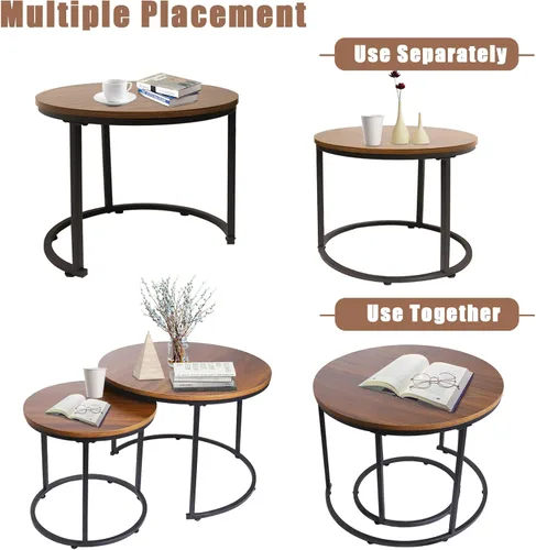Miniatura 9 de aboxoo Mesa auxiliar redonda anidable, juego de 2 mesas auxiliares, marco de metal resistente, centro de mesa, sala de estar, dormitorio, Negro