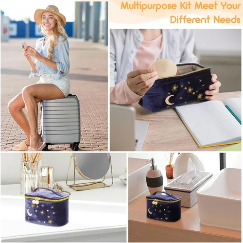 Miniatura 7 de Patelai 2 bolsas de maquillaje de terciopelo con estrellas y luna, bolsas de cosméticos góticas bordadas, bolsa de maquillaje portátil de viaje