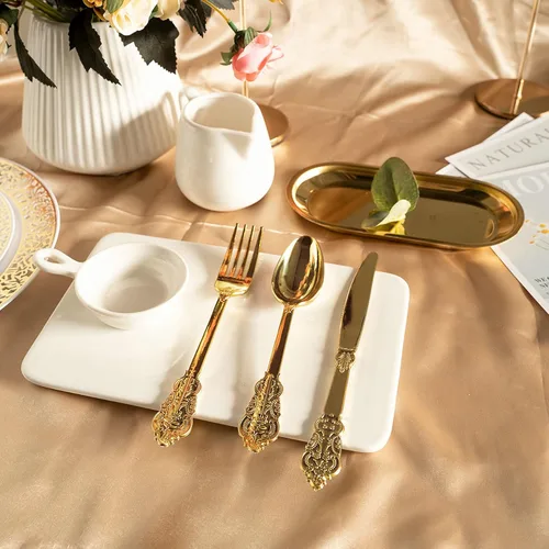Miniatura 2 de N9R 100 tenedores de plástico dorados, cubiertos desechables de plástico dorado de 7.48 pulgadas, tenedores de plástico resistentes para fiestas