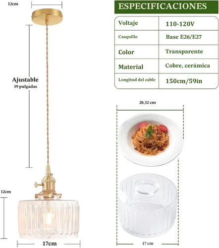 Miniatura 2 de Shenmoyl Lámpara colgante con pantalla de vidrio transparente a rayas, luz colgante vintage de latón, luz colgante ajustable para cocina, isla
