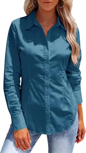 Miniatura 17 de Button Down Shirts for Women Long Sleeve Dress Shirts Collared Work Wrinkle Free Office Solid Blouses Fitted Tops