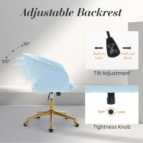 Miniatura 6 de HENGJIANYI Silla de escritorio giratoria para oficina en casa, moderna silla de tocador de terciopelo, sillón de altura ajustable con base dorada