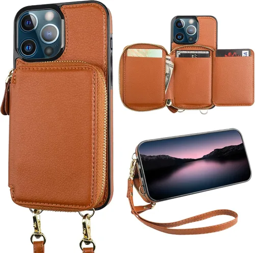 Bocasal Funda tipo cartera con bloqueo RFID para iPhone 13 Pro, funda cruzada ajustable con cremallera, tarjetero con función atril y correa de